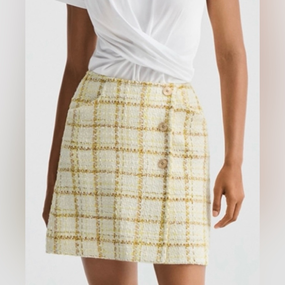 Cabi Women’s Size 8‎ Coco Yellow Cream Tweed Mini Skirt #6362 Pockets Lined